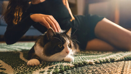 Young girl in mini skirt having a good time lounging with her cat on the carpet at home. no face. high quality photo