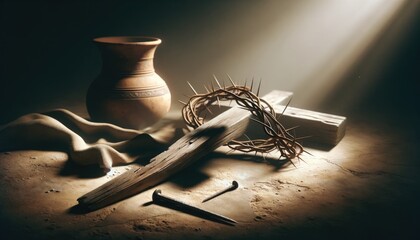 Symbolic Christian Crucifixion: Cross and Crown of Thorns.