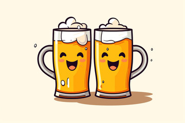 Creative graphic of two funny beer mugs next to each other on an empty light background with space for text, beer or bar advertising.generative ai