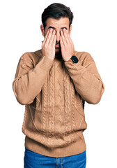 Wall Mural - Young hispanic man wearing casual clothes rubbing eyes for fatigue and headache, sleepy and tired expression. vision problem