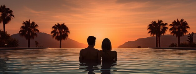 Couple enjoying sunset from infinity pool at tropical island resort hotel. Romantic beach getaway holiday. banner with copy space.