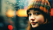 gros plan d'une jeune femme avec un bonnet en laine multicolore derrière une vitre embuée et humide en hiver