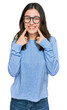 © Krakenimages.com - Young beautiful woman wearing casual clothes and glasses smiling with open mouth, fingers pointing and forcing cheerful smile