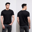 © wai - muscular cute handsome asian male model wearing a regular fit black t shirt , frontal view and back view, background is white
