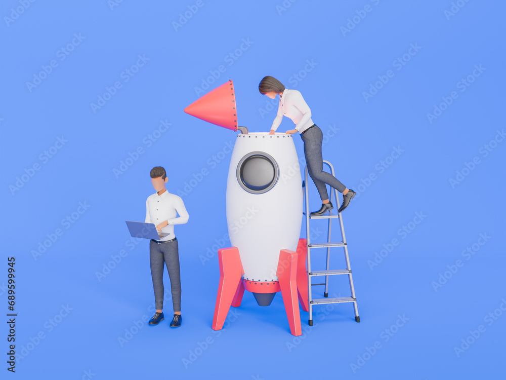 stylized woman on a ladder inspecting a model rocket while a man with a ...