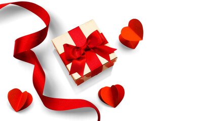 Wall Mural - valentine's day design elements isolated on white background. golden gift box with red silk ribbon b
