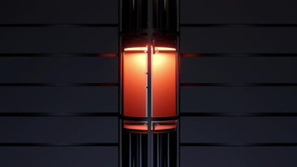 Wall Mural - glass capsule elevator with red light on wall house, hotel or office center moving down. realistic 3