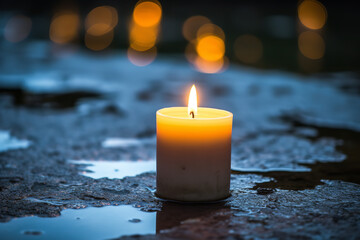 Poster - Solitary candle vigil for victims of hate - with flickering flames piercing the darkness - symbolizing hope and remembrance in adversity.