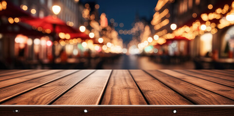 Aufkleber - Empty table top with blurred bokeh light background, Christmas holiday background for product display.