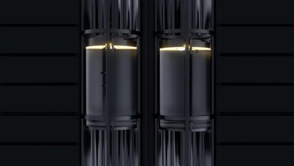 Wall Mural - two glass capsule elevator with light on wall house, hotel or office center moving down and up. real