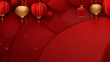 Wall Mural - red background with chinese lanterns on side, in the style of geometric, gold, rounded, rectangular fields, spectacular backdrops, shaped canvas, logo