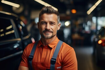 Aufkleber - Portrait of male mechanic in uniform in car auto repair service.