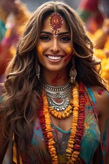 Wall Mural - beautiful indian woman with color in her face at a holly festival