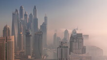 View Of Various Skyscrapers In Tallest Residential Block In Dubai Marina Aerial Timelapse