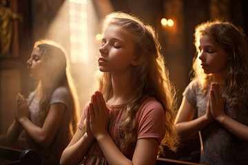 girls pray to god in the church