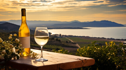 White wine on table with beautiful view in Sardinia