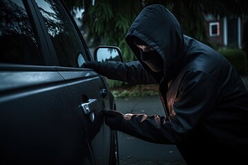 Poster - thief wearing a hoodie and dark clothes breaking into a parked car to steal it