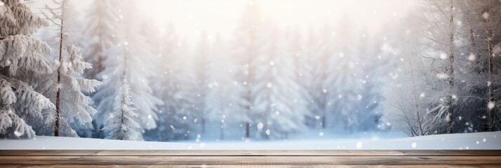 Aufkleber - Empty top wooden table with blur background of beautiful winter, Background snowfall.