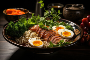 Wall Mural - Traditional Japanese food served in a dark bowl. Generative AI.