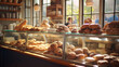 Modern bakery with different kinds of bread, cakes and buns.