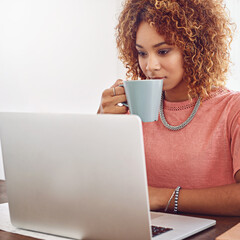Poster - Coffee, happy woman or designer with chart for research, technology or graphs analysis on website. Data analytics, typing or female person in office drinking tea, working stats update or reading news