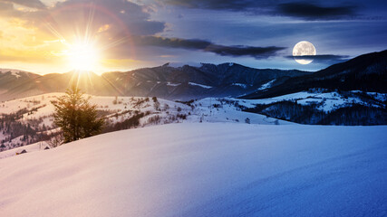 Wall Mural - mountainous winter landscape in morning light. solstice scenery with snow covered rolling hills in t
