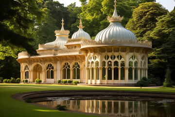 Wall Mural - Ornate royal garden pavilion in a serene and lush aristocratic retreat - showcasing architectural beauty and regal leisure.