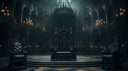 Majestic gothic dark fantasy castle hall with throne and torches, perfect for fantasy settings