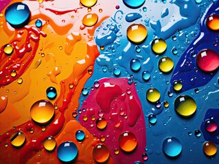Wall Mural - Bright background, transparent drops on the glossy colored surface. Abstract background, bright backdrop 