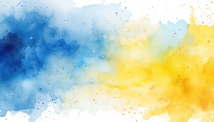 Wall Mural - Abstract splashes of blue and yellow paint. Watercolor stains on paper or wall. The basis for a banner, postcard