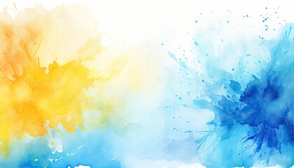 Wall Mural - Abstract splashes of blue and yellow paint. Watercolor stains on paper or wall. The basis for a banner, postcard