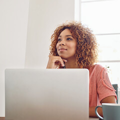 Poster - Woman thinking, business student and laptop for research at desk, technology and internet in agency. African lady, office intern or working on computer, website and PC for planning online ideas