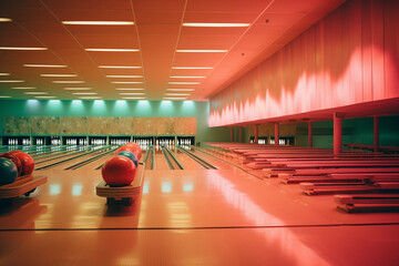 Fototapete - Pixelated image of a bowling alley, featuring bowlers in vintage pixel graphics enjoying a game.