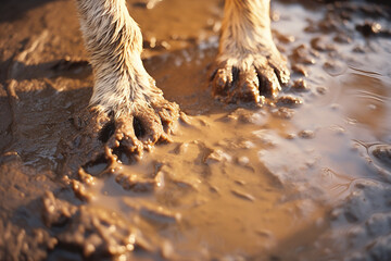 Aufkleber - Dynamic shot capturing the imprint of paw prints in wet mud, conveying a sense of movement and spontaneity.