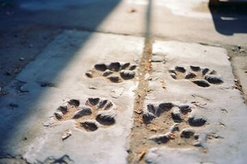 Poster - urban snapshot featuring paw prints in wet cement, symbolizing the imprint of animals in the ever-ch