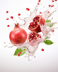 Wall Mural - Water splash with pomegranate isolated on white background. Waterdrops, mid motion. Copy space, banner. Healthy vegetarian lifestyle, vitamin organic food concept, exotic fruits