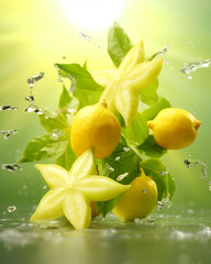 Wall Mural - Water splash with starfruit on green background. Waterdrops, mid motion. Healthy vegetarian lifestyle, vitamin organic food concept, exotic fruits