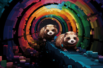 Poster - Playful pixel art of ferrets exploring pixelated tunnels, infusing the scene with the energy of retro ferret antics.