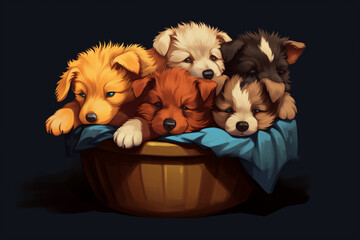 Poster - Heartwarming pixel art of puppies sleeping in a pixelated basket, radiating retro canine cuteness.