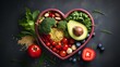 A vibrant photo showcasing a heartshaped bowl filled with nutritious diet foods, including fresh fruits, vegetables, and whole grains, promoting heart health and cardiovascular wellness.