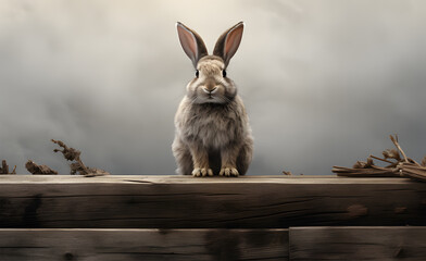 Wall Mural - a little white bunny sitting on some wood ai generative