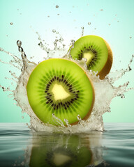 Wall Mural - Water splash with kiwi sinking on cyan background. Waterdrops, mid motion. Healthy vegetarian lifestyle, vitamin organic food concept, exotic fruits