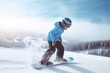 Young snowboarder riding on slope. Boy rider wearing snowboarding gear. Winter activity. Child riding in fresh snow in mountains. Winter sports concept