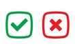 Green tick and red cross checkmarks in flat icons. Yes or no symbol, approved or rejected icon for user interface.