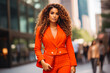 © VisualProduction - Business woman in vibrant red power suit walking down the street. Her hair flows freely in loose waves, elegant and sexy She carries a modern, stylish handbag.