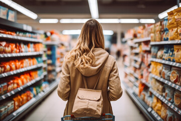 Beautiful young american woman shopping in supermarket and buying groceries and food products in the store. Photo taken from behind her back.