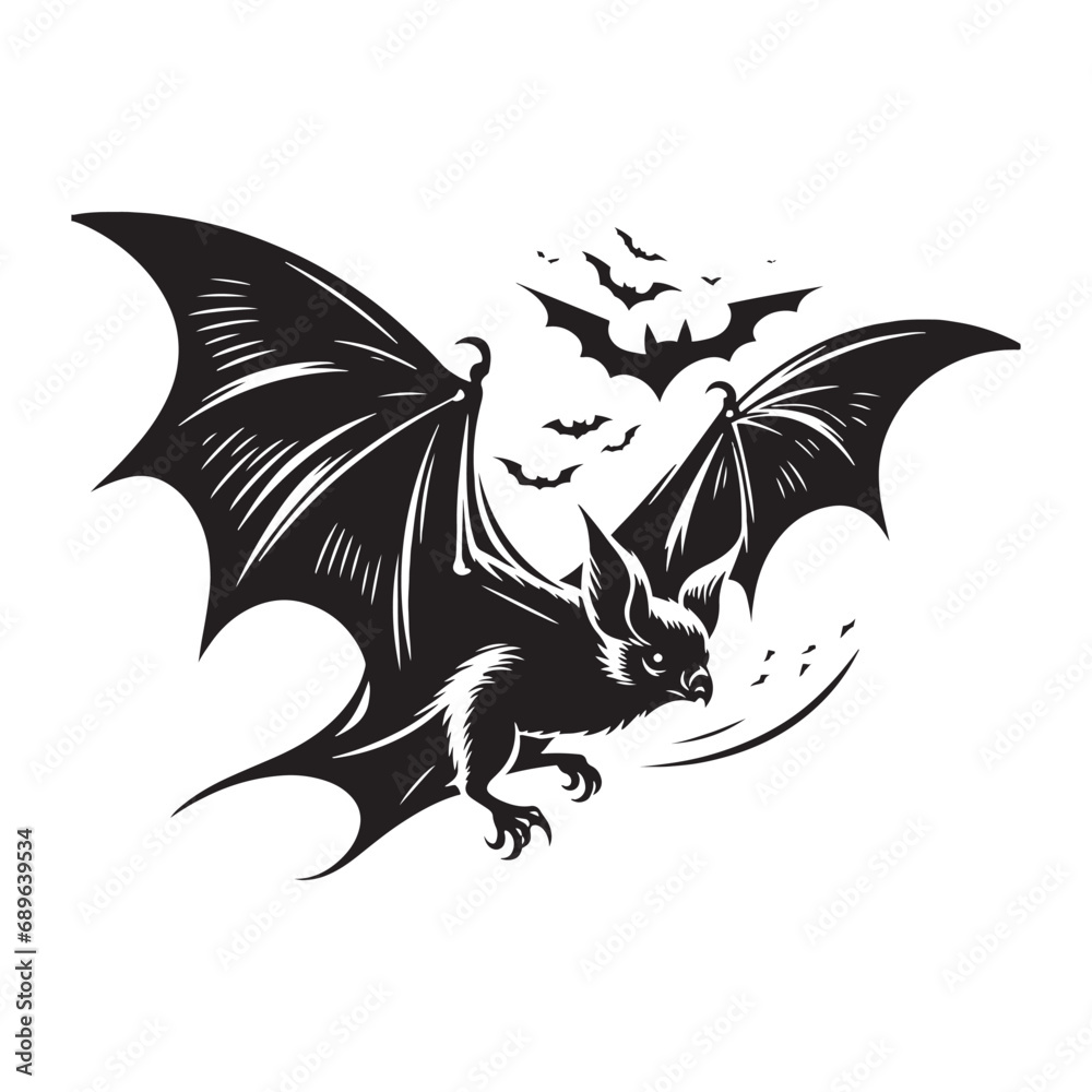 Bat silhouette: Majestic flying bat bird isolated on white background ...