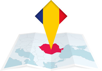 Wall Mural - Romania pin flag and map on a folded map