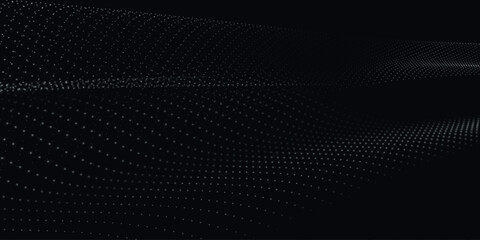 Poster - Wave of particles. Futuristic pattern of dots on a black background. Big data digital code. Technology or science banner. 3D rendering. Vector illustration.