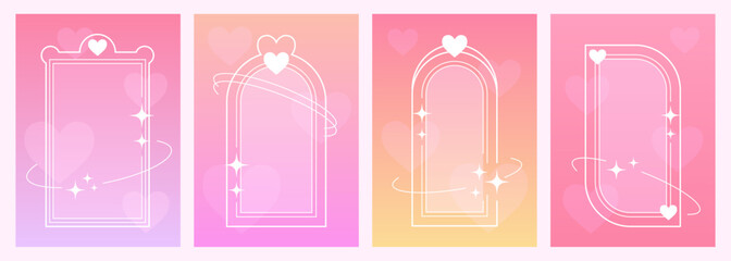 Poster - Decorative thin frames, Valentine day templates, empty borders in Y2K aesthetic on a gradient soft backgrounds. Vector illustration.